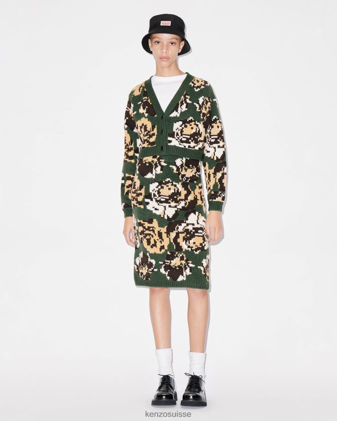 Kenzo jupe midi en laine à fleurs de pixel femmes kaki D2804X649 vêtements