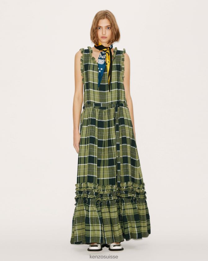 Kenzo robe en lin à carreaux femmes herbe verte D2804X661 vêtements