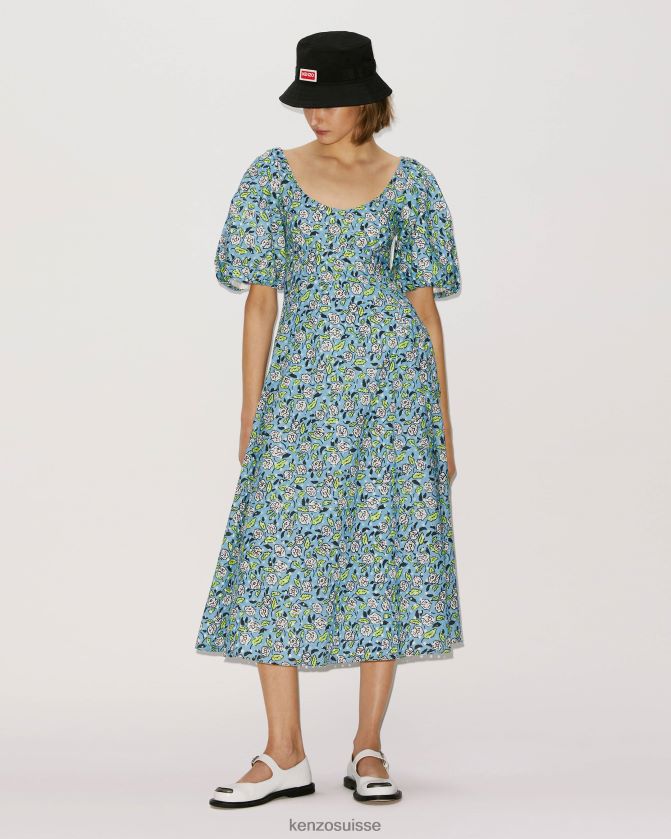 Kenzo robe midi en broderie anglaise femmes cyan D2804X665 vêtements